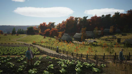 HD desktop wallpaper of Manor Lords game, featuring a medieval village with autumn trees, fields, and villagers.