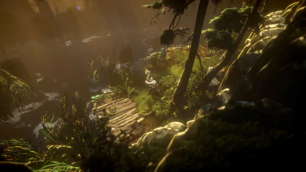 HD desktop wallpaper from the video game No Rest for the Wicked, featuring a serene, sunlit forest scene with lush greenery and a character on a wooden path.