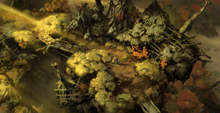 HD desktop wallpaper featuring a mystical, autumn-themed landscape from the video game No Rest for the Wicked, with eerie forests and a distant haunted house.