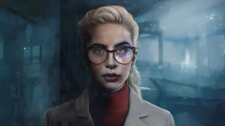 HD desktop wallpaper featuring Lady Gaga in a dramatic scene from Joker: Folie à Deux, styled with glasses and a sophisticated look amidst a misty, dimly lit background.