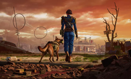HD wallpaper from the Fallout TV show featuring a character and a dog walking towards a dystopian cityscape at sunset.
