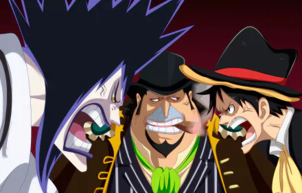 HD wallpaper featuring characters Caesar Clown, Capone Bege, and Monkey D. Luffy from the anime One Piece, depicted in an intense close-up.