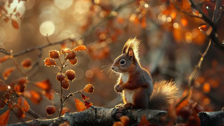 HD wallpaper of a squirrel perched on a branch amidst golden-hued leaves, illuminated by warm light.