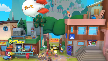 HD desktop wallpaper featuring a vibrant scene from the video game Surmount, with animated characters in a lively village setting, including shops and a blimp overhead.