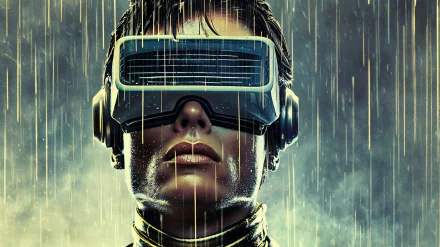 HD desktop wallpaper featuring a boy with futuristic goggles in a Matrix-inspired setting, highlighted by a dramatic, rainy backdrop.
