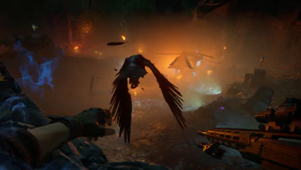 HD desktop wallpaper from the video game Redfall showing a first-person view of a player aiming at a bird in a smoky, illuminated night-time scene.