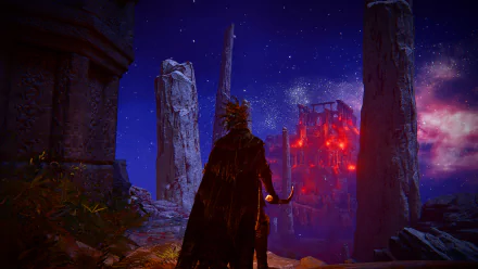 HD desktop wallpaper from Elden Ring featuring a character overlooking a mystical, crimson-lit castle amid ancient ruins under a starry night sky.