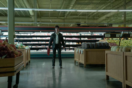 HD desktop wallpaper from the movie I Saw the TV Glow, featuring a man standing in a grocery store aisle.