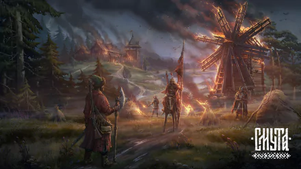 HD desktop wallpaper from the video game Smuta, featuring a medieval scene with a windmill and warriors by a campfire.
