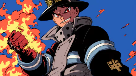 HD wallpaper of Shinra Kusakabe from Fire Force, depicted in his firefighter uniform with a flaming fist, set against a blue and red background.