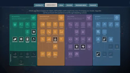 HD desktop wallpaper of Prison Architect 2 game interface, featuring blocks for upgrades in a sleek, modern design.
