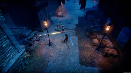 HD wallpaper of V Rising video game featuring a vampire navigating a dimly lit medieval village street at night.