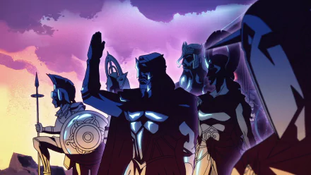 HD desktop wallpaper from Blood of Zeus featuring animated Greek gods silhouetted against a vivid purple sunset.