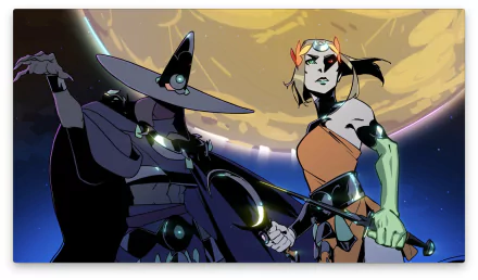 HD desktop wallpaper from Hades II featuring two stylized characters ready for battle against a cosmic backdrop.