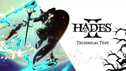 HD desktop wallpaper featuring artwork from Hades II, depicting an animated character in dynamic action with a shield and sword, alongside the game's stylized logo.