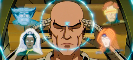 HD desktop wallpaper featuring Professor X from X-Men '97, surrounded by glowing images of other team members.
