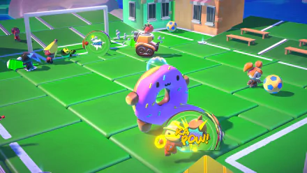 HD desktop wallpaper featuring a vibrant scene from the video game Rumble Club, with colorful characters and playful action on a pixel-style football field.
