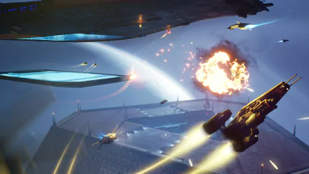 HD desktop wallpaper of a dynamic scene from Homeworld 3 featuring spaceships engaged in battle with vibrant beams and explosions.