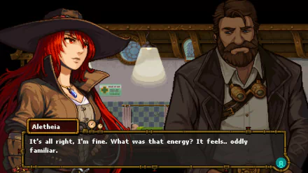 HD wallpaper of the video game Gestalt: Steam & Cinder, featuring characters Aletheia and another individual in a dialogue scene. Text reads: It's all right, I'm fine. What was that energy? It feels... oddly familiar.
