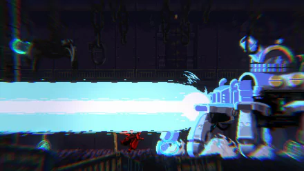 HD desktop wallpaper of a scene from the video game Gestalt: Steam & Cinder, featuring a blue robot emitting a powerful beam and a character in red evading it in a dark, industrial environment.