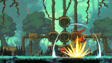 HD desktop wallpaper of the video game Gestalt: Steam & Cinder featuring a dynamic action scene with characters fighting in a lush, mechanical jungle environment.