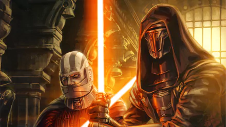 HD desktop wallpaper featuring Darth Revan and Darth Malak from Star Wars: Knights of the Old Republic, showcasing their iconic lightsabers in a dramatic, ancient setting.