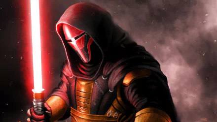 HD desktop wallpaper featuring Darth Revan from Star Wars: Knights of the Old Republic, wielding a red lightsaber with a stormy, dark background.