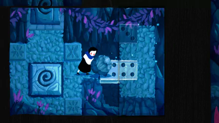 HD desktop wallpaper featuring a scene from the video game Paper Trail, showing a character pushing a rock in a blue, mystical environment with intricate patterns and glowing effects.