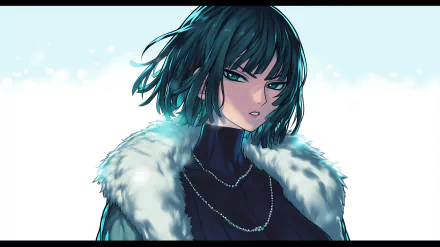 HD desktop wallpaper featuring Fubuki from One-Punch Man, depicted with intense eyes, short teal hair, and wearing a fur-lined coat, set against a light, softly blurred background.