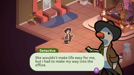 HD desktop wallpaper of Duck Detective: The Secret Salami video game. A duck detective holds a notepad, narrating, She wouldn't make life easy for me, but I had to make my way into the office.