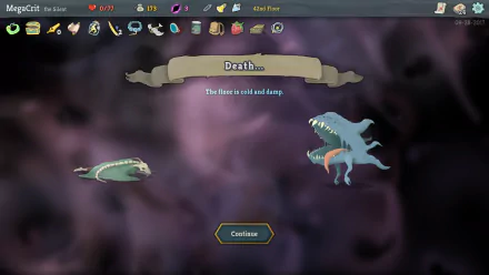 HD desktop wallpaper and background featuring a Game Over screen from the video game Slay the Spire. The screen shows the player’s death with a message reading, The floor is cold and damp.