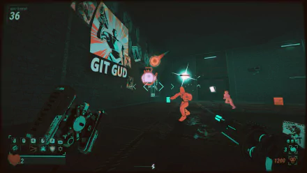 HD desktop wallpaper of the video game Robobeat featuring a neon-lit futuristic scene with robots and a GIT GUD poster on the wall.