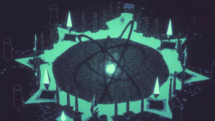 HD desktop wallpaper from the video game Hauntii, featuring a glowing, ethereal design with geometric shapes and neon lights.