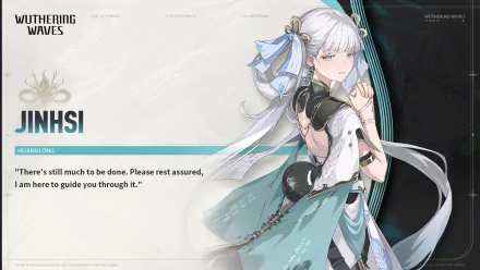 HD desktop wallpaper featuring Jinhsi from the video game Wuthering Waves, showcasing her character with a serene expression and a message of guidance and reassurance.