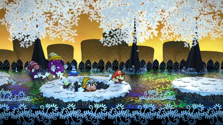 HD desktop wallpaper from the 2024 video game Paper Mario: The Thousand-Year Door, featuring characters exploring a vibrant, stylized snowy landscape with colorful, intricate patterns and golden skies.