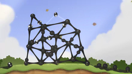 HD desktop wallpaper and background featuring gameplay from the video game World of Goo 2, showing a structure made from goo balls against a bright, colorful sky and grassy landscape.