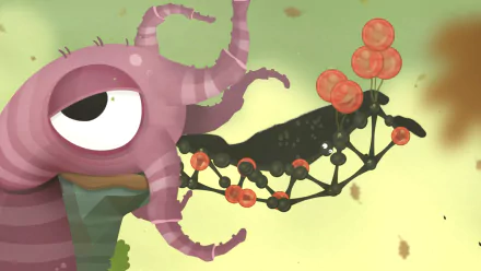 HD desktop wallpaper featuring a scene from the video game World of Goo 2, showcasing a pink, one-eyed creature alongside a structure made of interconnected goo balls on a light green background.