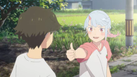 HD desktop wallpaper featuring characters from the anime 'My Oni Girl.' The image depicts a girl with white hair and horns giving a thumbs-up to a boy in an outdoor setting.