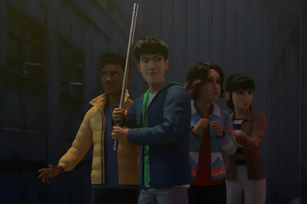 A HD desktop wallpaper from the TV show Jurassic World: Chaos Theory, featuring four animated characters looking cautious, set against a dark industrial background.
