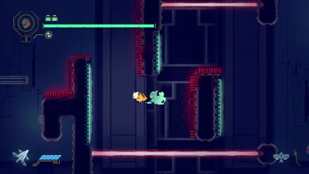 HD wallpaper featuring a scene from the video game Nine Sols, showcasing two characters navigating a dark, futuristic environment with glowing red barriers and intricate pathways.