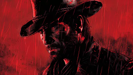 HD desktop wallpaper featuring Arthur Morgan from Red Dead Redemption 2, depicted in a red and black color scheme with raindrops.