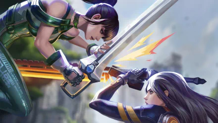HD desktop wallpaper featuring an intense sword fight between two characters from the video game Stellar Blade, showcasing vibrant colors and dynamic action.
