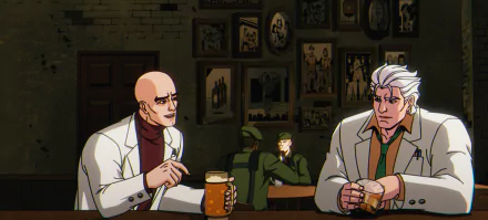 Professor X from X-Men '97 conversing with a character in a bar, featured in an HD TV show desktop wallpaper. The background showcases framed pictures on a brick wall.
