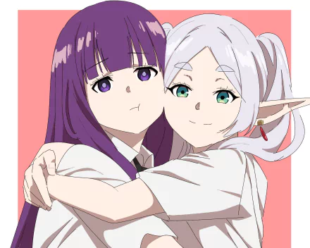 Anime HD desktop wallpaper featuring Frieren and Fern from Frieren: Beyond Journey's End, embracing with a soft pink background.