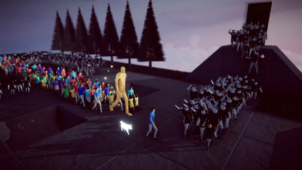 HD desktop wallpaper from the video game Humanity (2024), featuring a scene with colorful human figures, a glowing figure, and a dog leading a crowd toward a silhouetted structure against a backdrop of trees.
