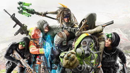 A high-definition desktop wallpaper featuring characters from the video game XDefiant, showcasing a diverse group of warriors in dynamic poses with detailed futuristic gear.