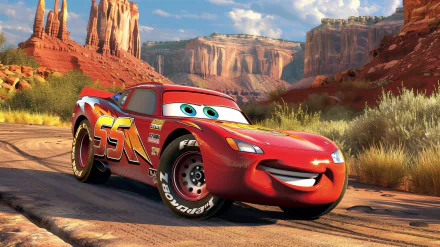 HD desktop wallpaper featuring Lightning McQueen from Pixar's movie Cars against a scenic desert backdrop.
