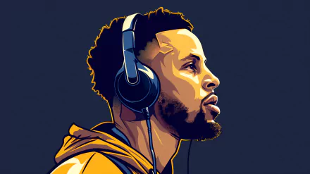 HD desktop wallpaper and background featuring an illustration of Stephen Curry wearing headphones, gazing into the distance.