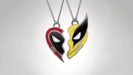HD desktop wallpaper featuring split-heart necklaces with Deadpool's and Wolverine's masks. The left half is red and black with Deadpool's mask, labeled BEST; the right half is yellow and black with Wolverine's mask, labeled FRIENDS.