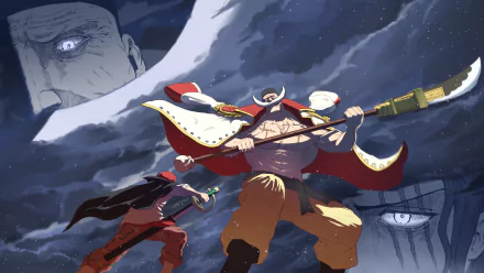 Anime 4K Ultra HD wallpaper featuring One Piece characters Shanks and Edward Newgate in a dramatic, dynamic pose with intense expressions and stormy skies.